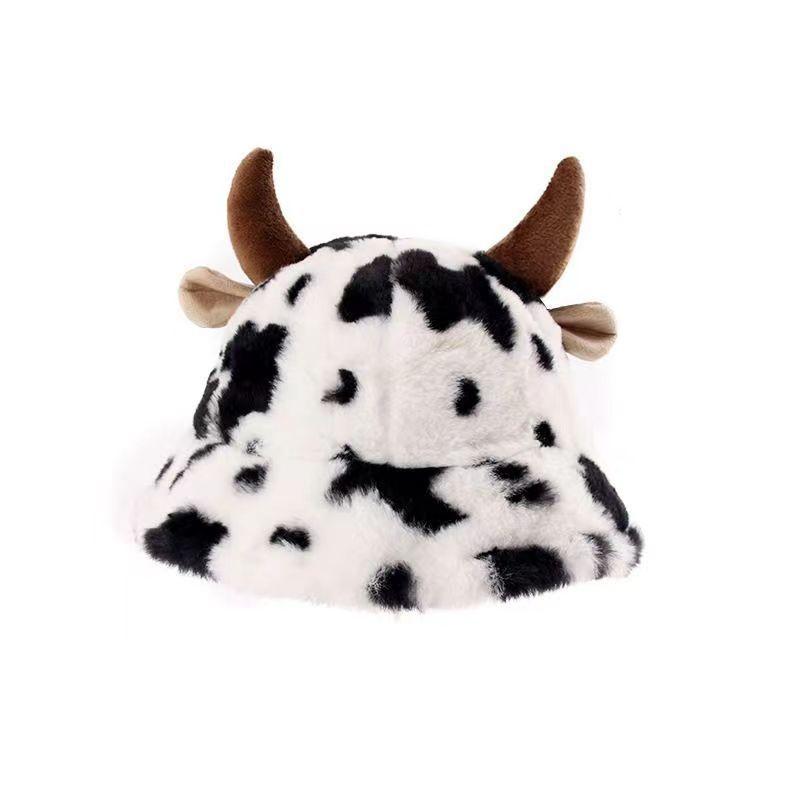 Autumn and winter new cow print horn fisherman hat female print Korean fashion plush thickened warm basin hat чёрный