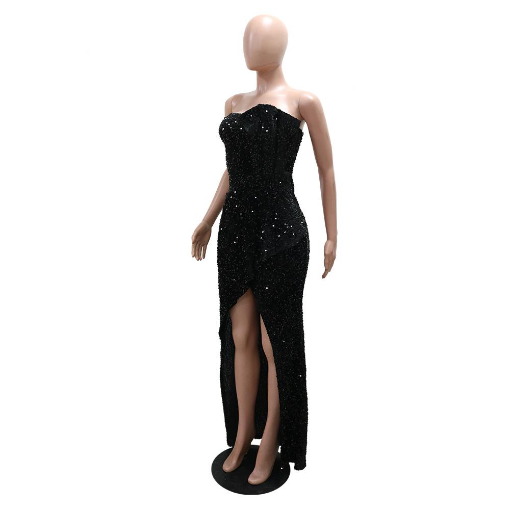 Women's Sequined Evening Dress Sexy Strapless Irregular Dress