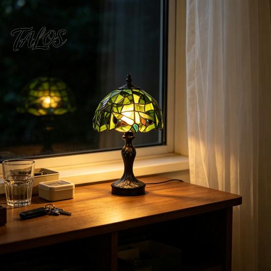 Vintage Banker Lamp for Office Retro Green Stained Glass Desk Lamp, Hand-Carved Resin Base Tiffany Style Decorative Lighting Bar Table Light