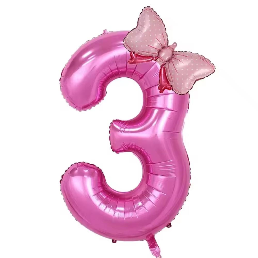 32inch Number Pink Foil Balloon With Mini Bow Set 1 2 3 4 5 6 7 8 9 For Kid Boys Girls Birthday Party Baby Shower Decorations