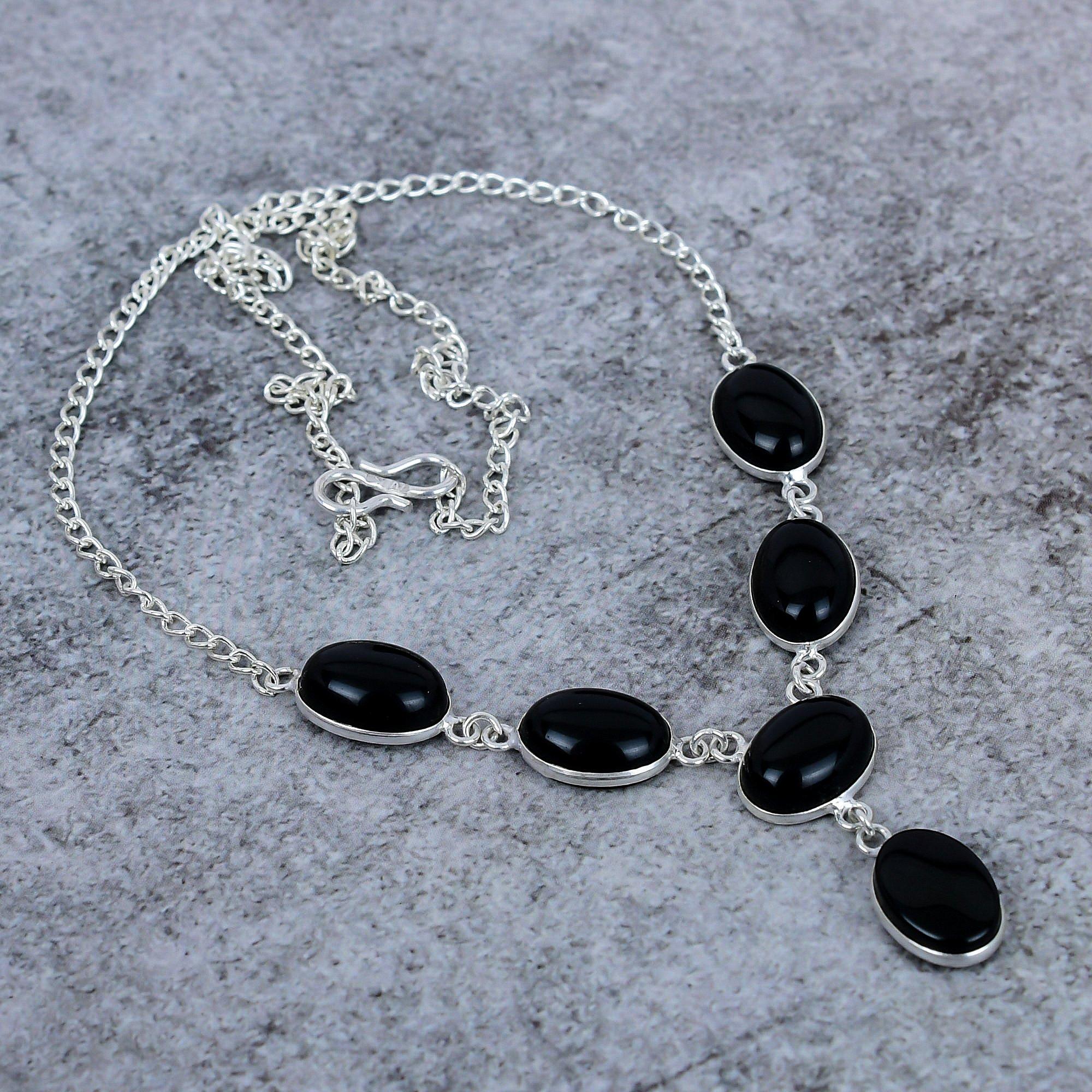 

Black Onyx Gemstone Handmade 925 Sterling Silver Jewelry Necklace 18 M-411