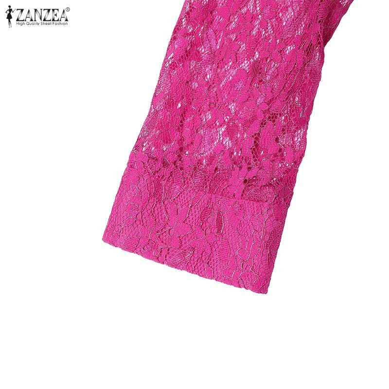 ZANZEA Women Elegant Lace Patchwork Casual Stand Collar Long Sleeve Dress
