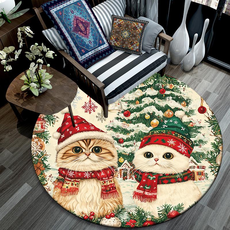 Christmas Cat Pattern Round rug,Carpet Rug for Living Room Bedroom Playroom ,Non-slip Floor Mat,Holiday Gifts and Birthday Gifts.