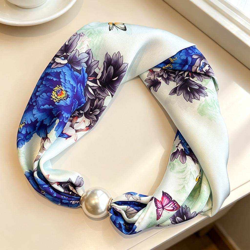 Premium magnetic buckle pearl silk scarf necklace retro flower small scarf Internet celebrities free small scarf