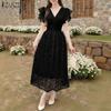 ZANZEA Women Casual V-Neck Ruffles Short Sleeve Elegant Lace Dress