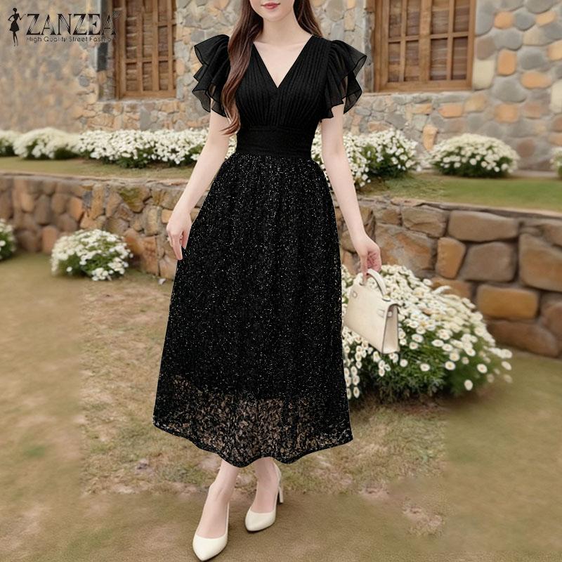 ZANZEA Women Casual V-Neck Ruffles Short Sleeve Elegant Lace Dress