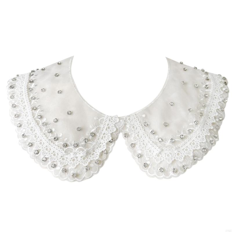 49ME Stylish Rhinestones Embellished Faux Collar for Women Blouse Multipurpose Shirt Accessory Lace Trim Organza False Collar
