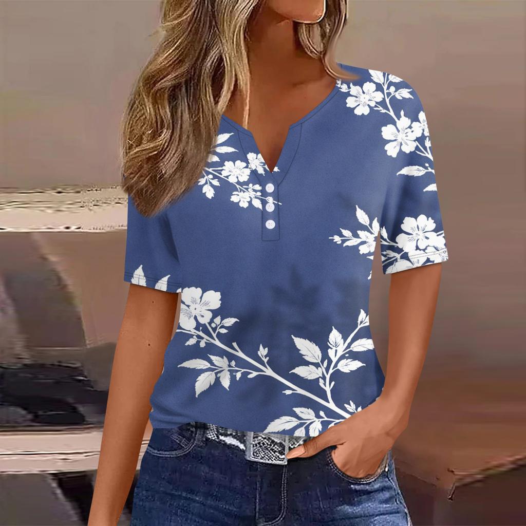 Women's T Shirt Tee Printed Button Short Sleeve Tunic Daily Weekend Fashion Basic V- Neck Regular Top