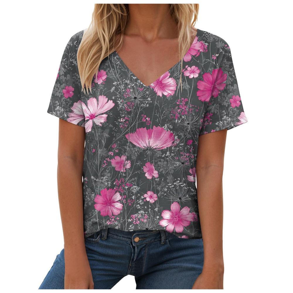 T-shirt estiva casual e alla moda con scollo a V, maniche corte e fantasia per donna. Stile ampio e casual, adatto da indossare per le signore.