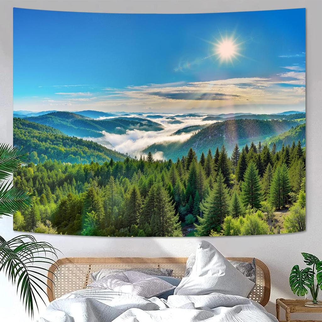 Nature Mountain Forest Tapestry Sage Green Tree Stream Wall Tapestry for Bedroom Aesthetic Lush Woodland Landscape Small