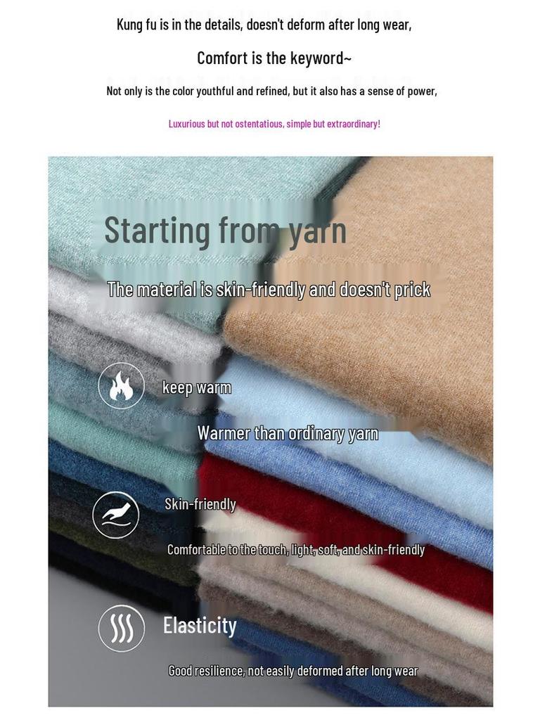 Pánský svetr ze 100% čisté vlny: Pletený svetr s polorolákem, ležérní volný střih, základní vrstva z kašmíru