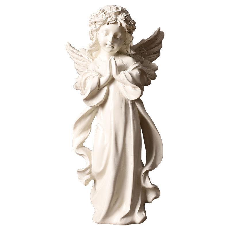 White Resin Praying Angel Figurines With Delicate Wings Floral Crown For Home Desktop Shelf Decor