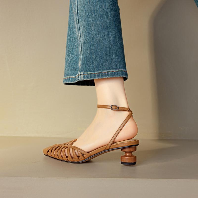 Fashion NEW Summer Women Sandals Split Leather Shoes Women Pointed Toe Strange Heel Shoes Cover Toe Slingback Narrow Band Modern Sandals