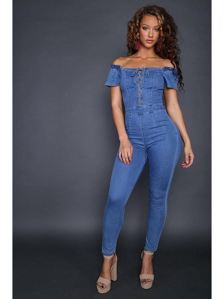 Women's One-shoulder Eyelet Lace-up Sexy Denim Jumpsuit - European & American Fashion 2023