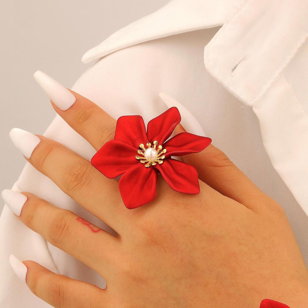 Schickes Set mit roten Blumenohrringen, Armband, Halskette & Perlenring - Damen-Modeaccessoires