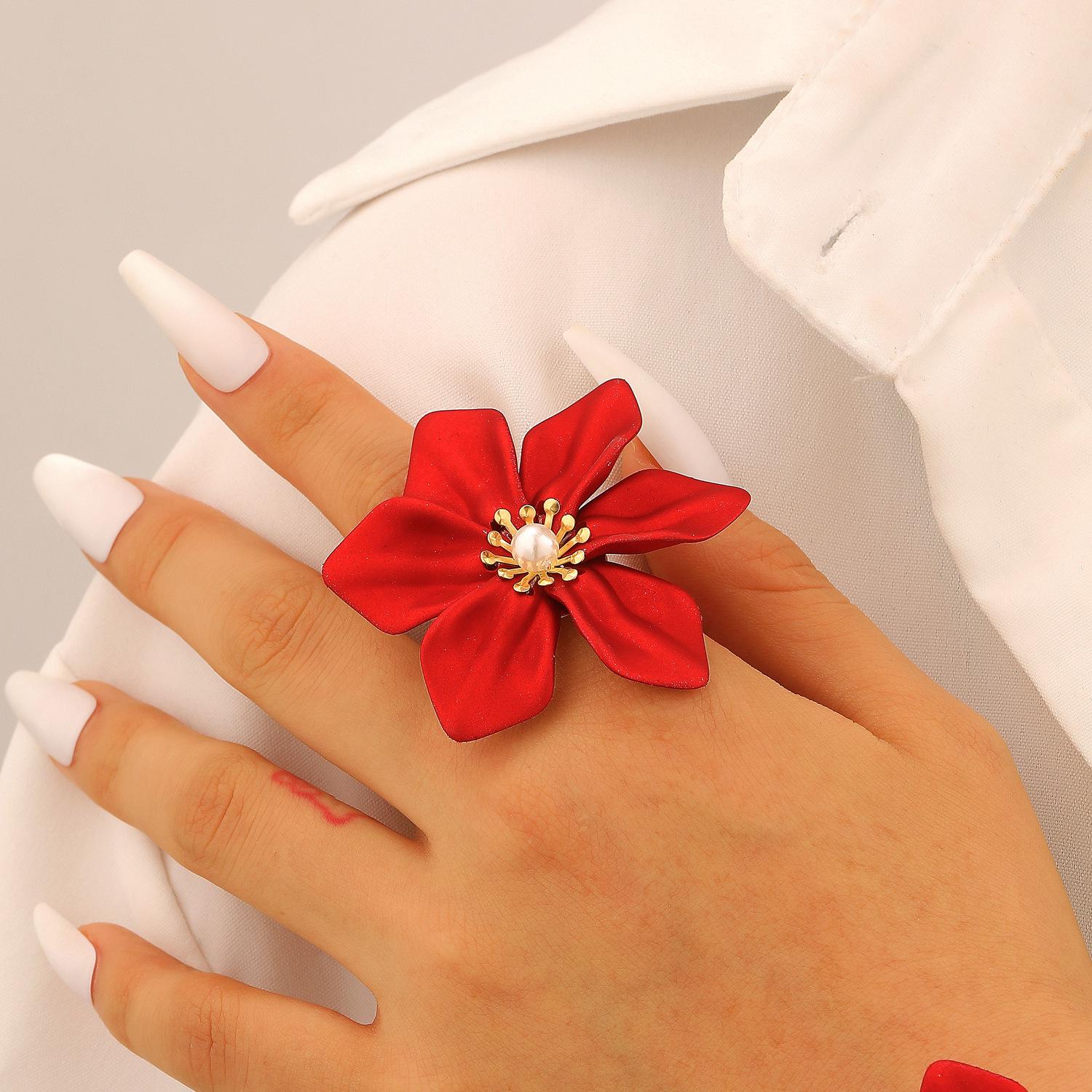 

Chic Red Floral Earring, Bracelet, Necklace & Pearl Ring Set - Women s Fashion Accessories