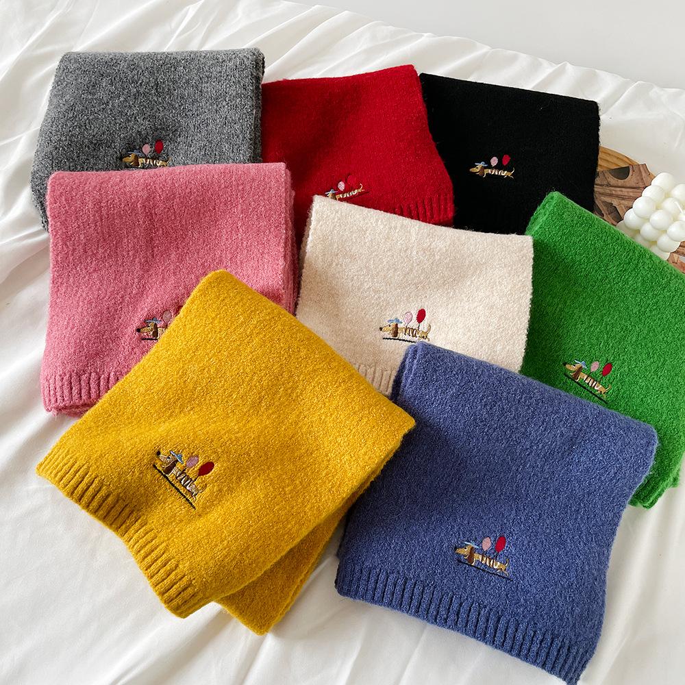 Embroidery Solid Color Scarf Women's Winter Outdoor Warm Korean Version Fashion Versatile Knitted Neck Protection Small Scarf Scarf Wholesale