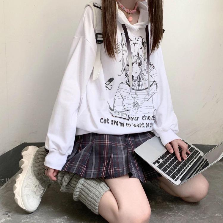 Sudadera con capucha Gótica de Anime Oversize para Mujer Harajuku Streetwear Pulóver Manga Larga Negro Blanco Moda Femenina Sudadera
