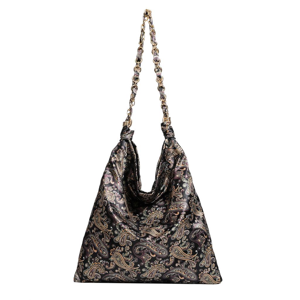 Vintage Silk Scarf Tote Bag Cashew Pattern Shoulder Armpit Bag Women's Chain Splicing Silk Satin Bag Large-capacity Shopping Bag