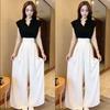 2026 Summer Elegant Stand Collar Cap Sleeve Top & Wide Leg Pants Set