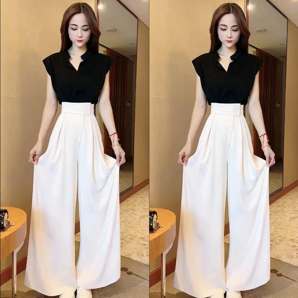 2026 Summer Elegant Stand Collar Cap Sleeve Top & Wide Leg Pants Set
