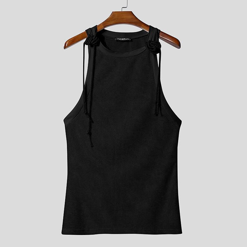

INCERUN Summer Men Lace-up Sleeveless Hollow Out Long Beach Tank Tops