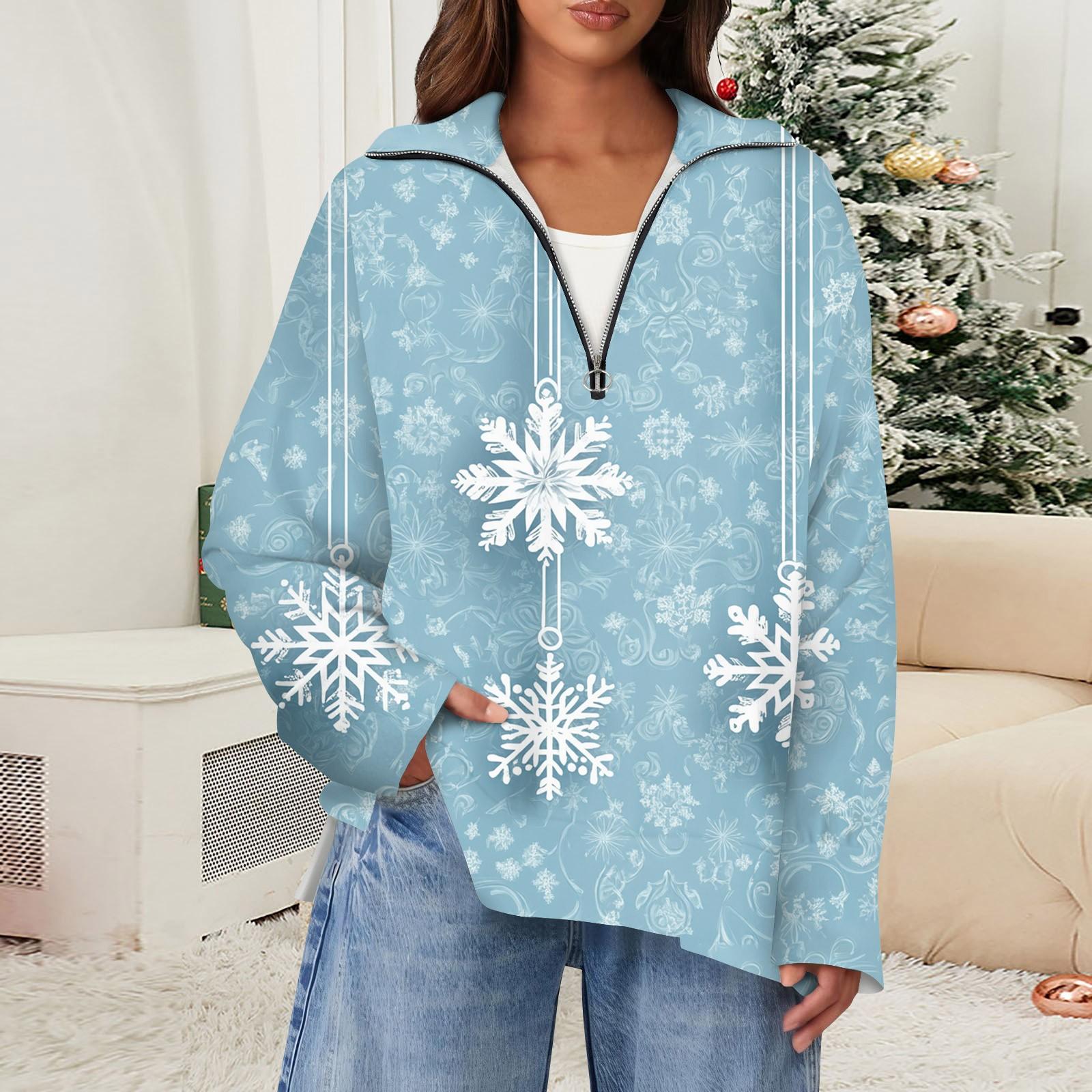 

Женский повседневный свитер с полумолнией и лацканами со снежинками и разрезом сверху по бокам, модная одежда XL