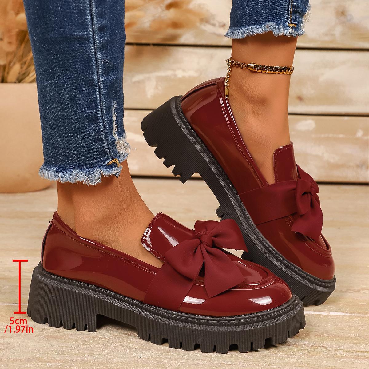 Platform Loafers New Spring Kitten Heel Versatile Women s Bow Bright Leather Single Shoes 35