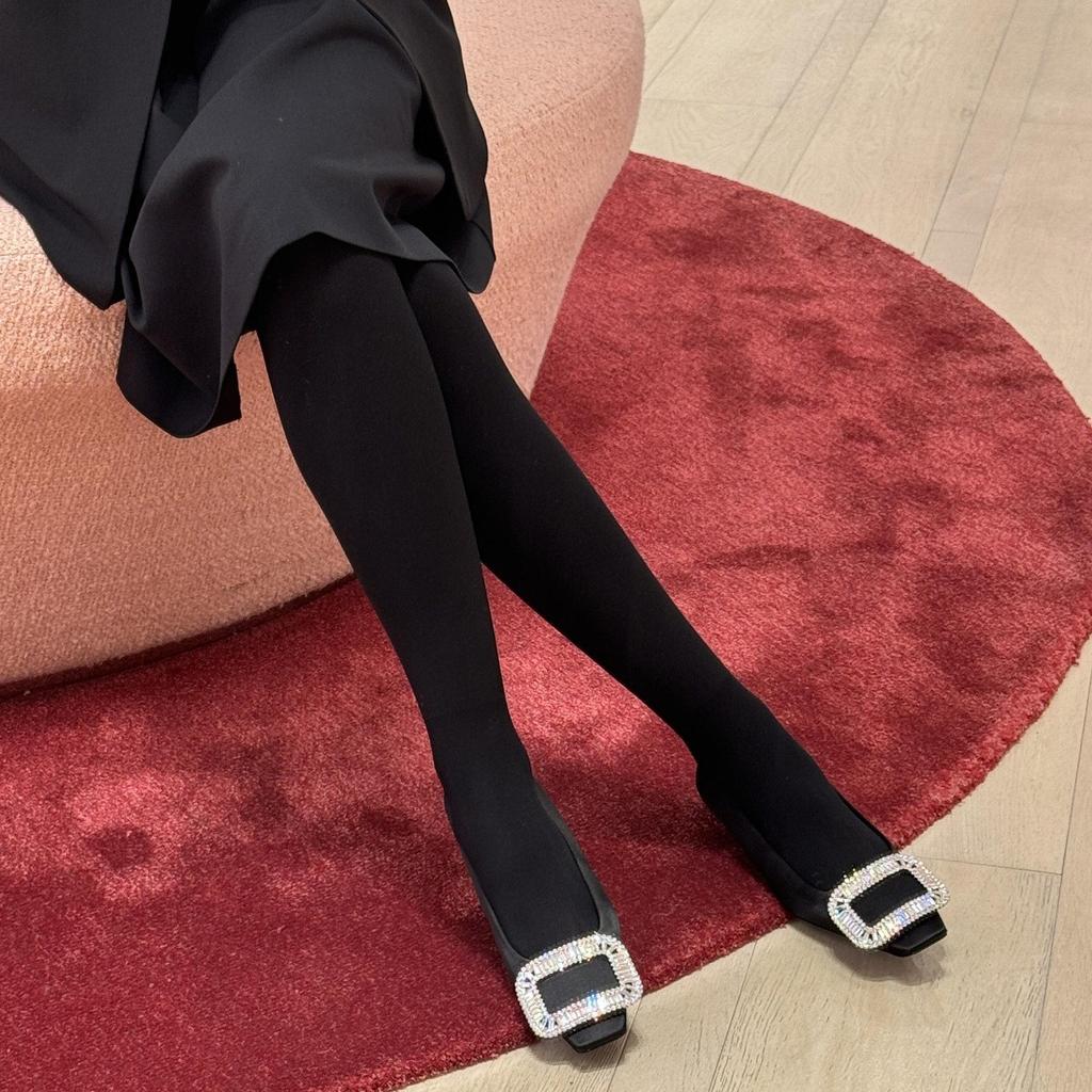 Sheepskin version~ temperament rhinestone square buckle genuine leather Mary Jane shoes women's French beautiful small heels soft sole single shoes