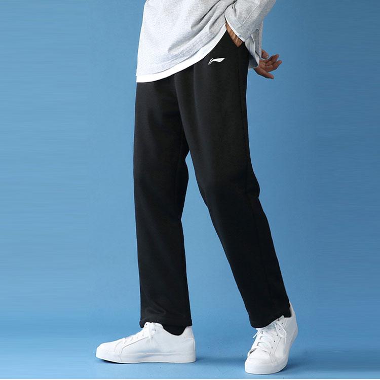 Li Ning Solid Color Logo Print Straight Leg Loose Sports Pants Men Bottoms Black AKLRB57-1