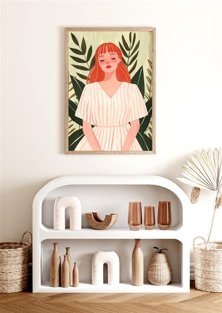 Plakat ilustracja kobieta zielone liście