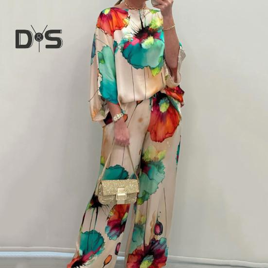 2 Pcs/Set Women Top Pants Set Bright Color Floral Print Three Quarter Bat Sleeves O Neck T-shirt Wide Leg Deep Crotch Elastic Waist Loose Casual