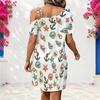 Women Plus Size One Shoulder Strappy Short Sleeve White Printed Loose Dress