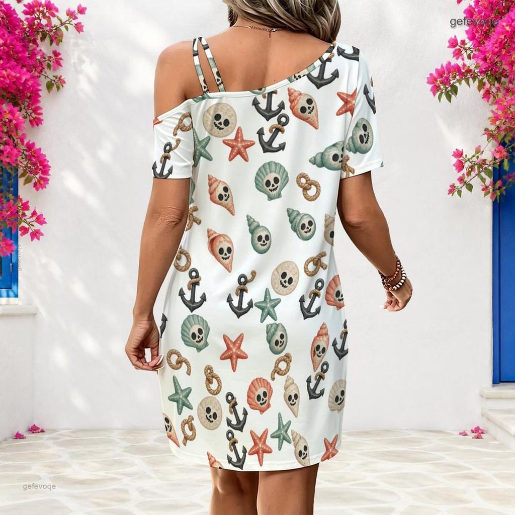 Women Plus Size One Shoulder Strappy Short Sleeve White Printed Loose Dress