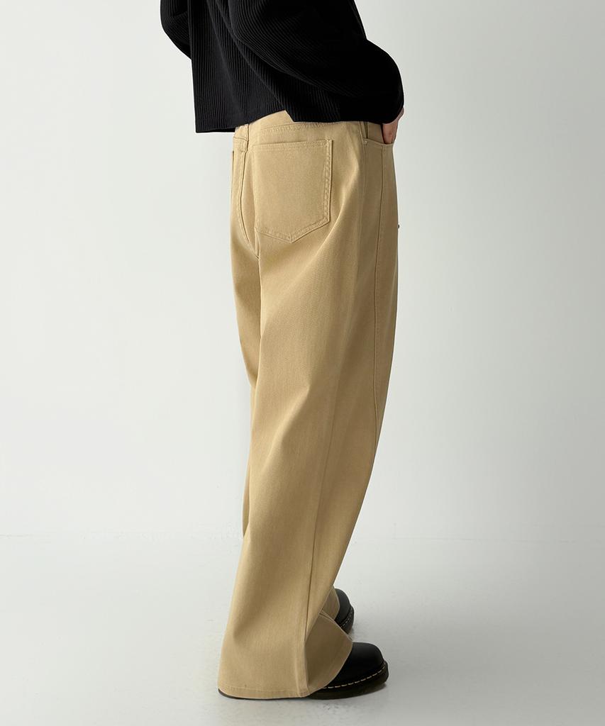 Jikeulib Beige Curved Cut-Line Wide Cotton Pants