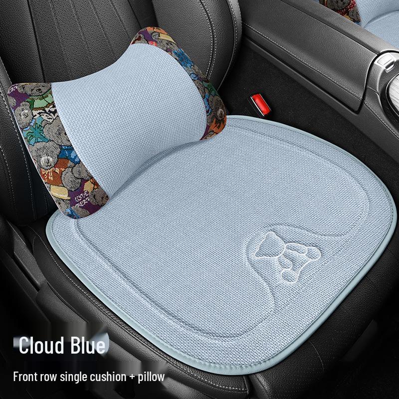 Four Seasons Universal Linen Car Seat Cushion - Cartoon Bear, Breathable, Half-Wrap Rear Seat Cover