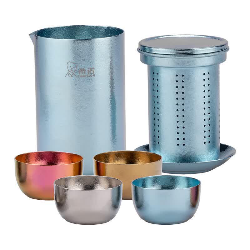 Heenoor Pure Titanium Travel Tea Set, One Pot Four Cups