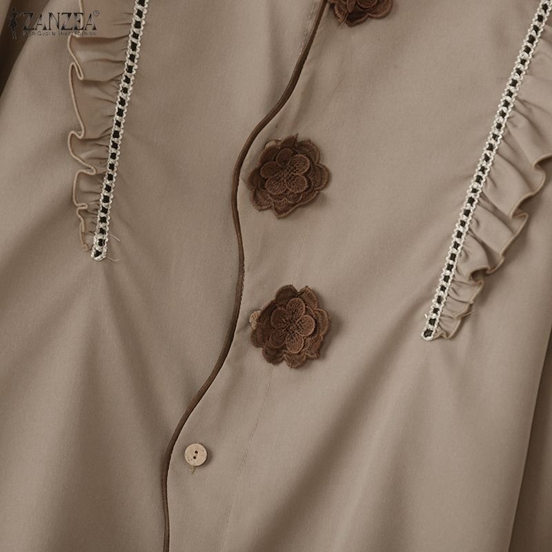 ZANZEA Camicetta Classica da Donna Casual con Collo a Revers, Manica Lunga Larga