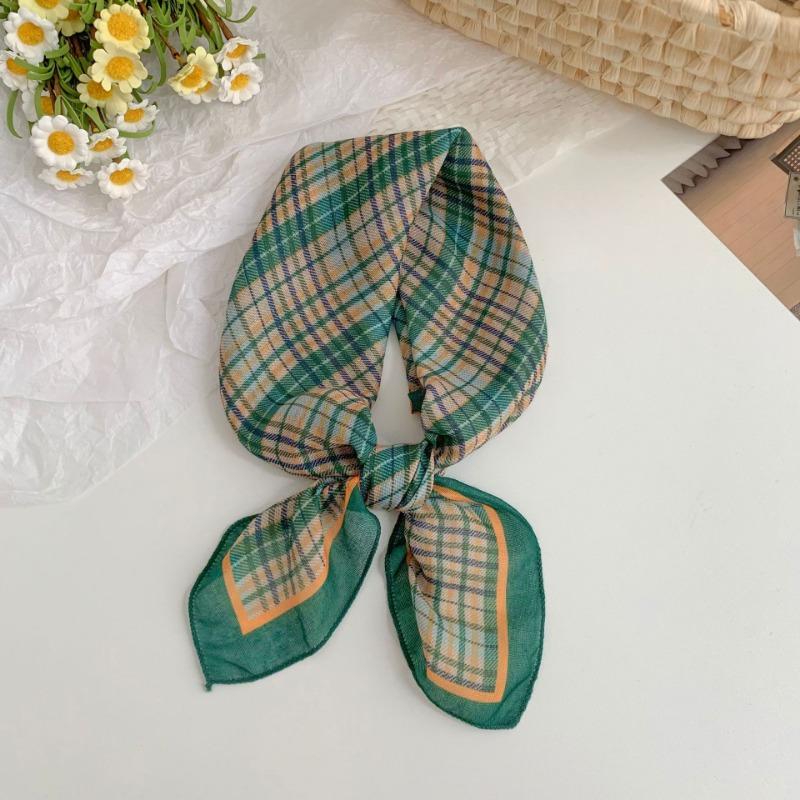 Silk Scarf Neck Small Square Scarf High-end New Versatile Plaid Headscarf Summer Women Pastoral Headband Tied Hair Streamer