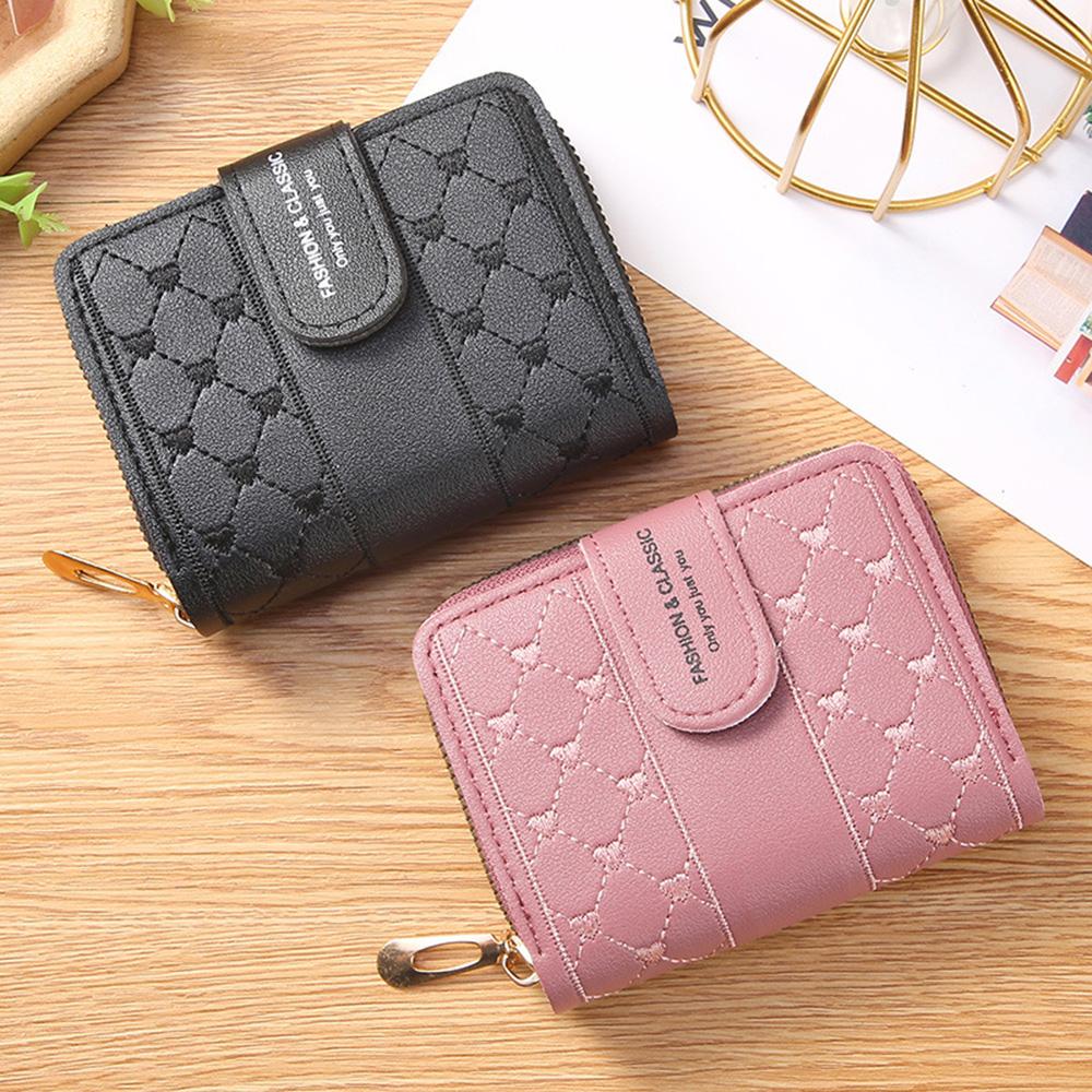 1Pc Women Wallets Embroidered Love Heart Short Wallet Fashion Ladies ID Card Holders Clutch Bag ID Holder Zipper Snap Coin Purse