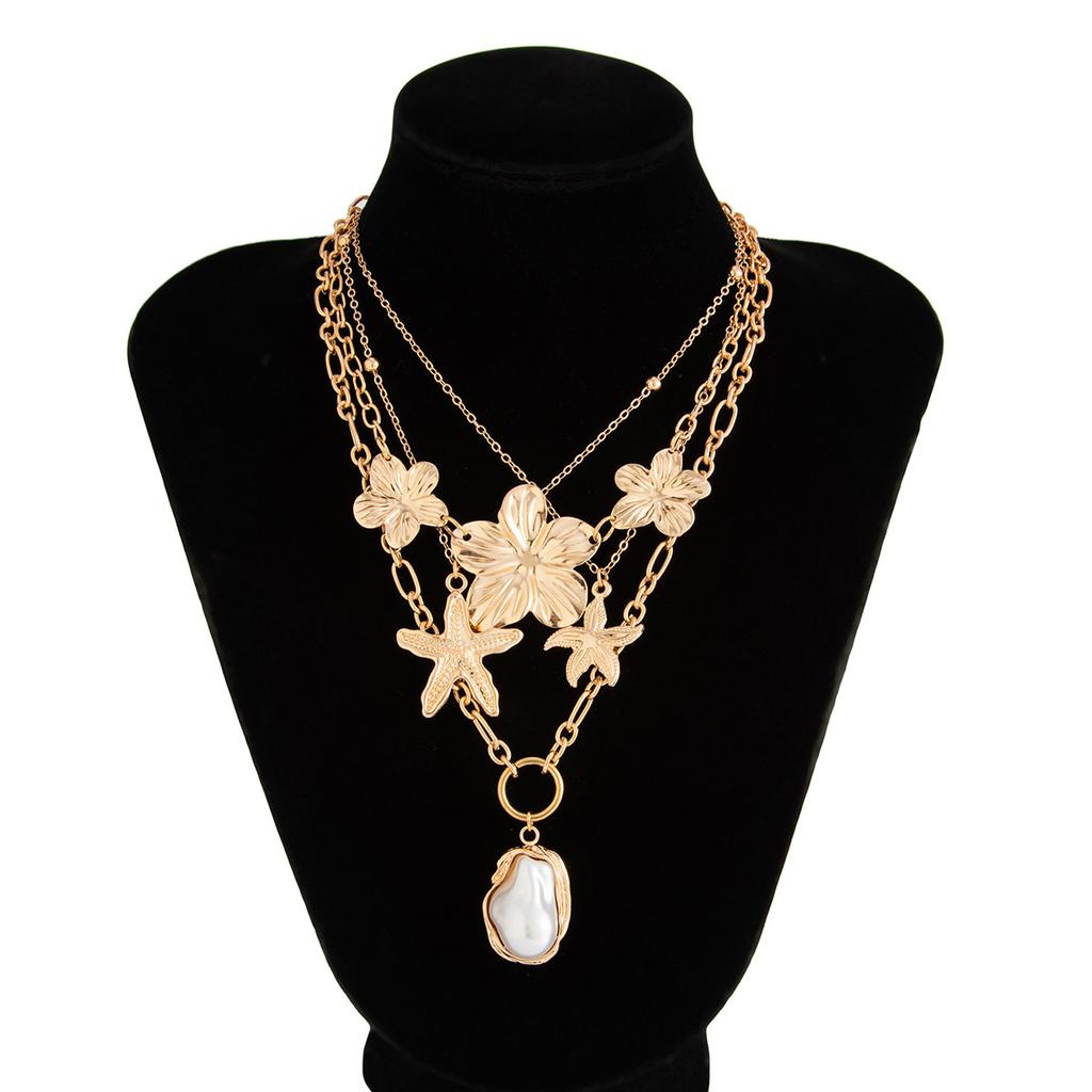 Starfish Pearl Necklace Set Conch Scallop Flat Snake Chain Necklace Set