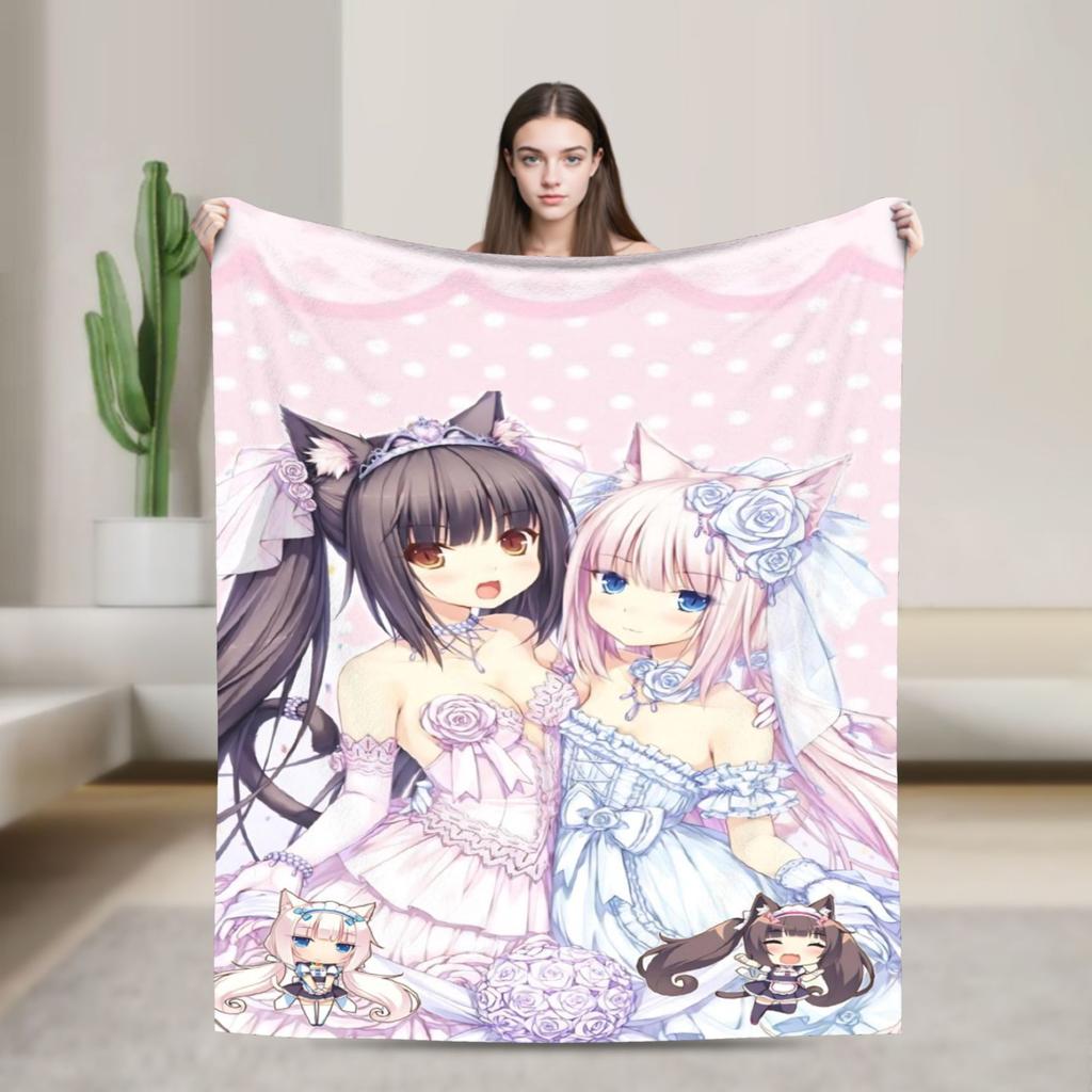 Kawaii Nekopara Anime Catgirls Blankets Fleece  Super Warm Throw Blankets for Outdoor Travel Bedroom Quilt