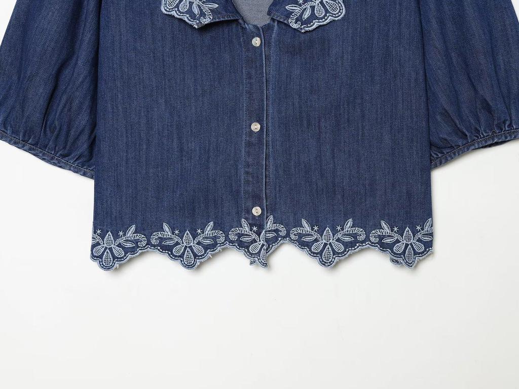 Trendy Puff Sleeve Embroidered Tassel Shirt with Lace Collar - European & American Women's Fashion