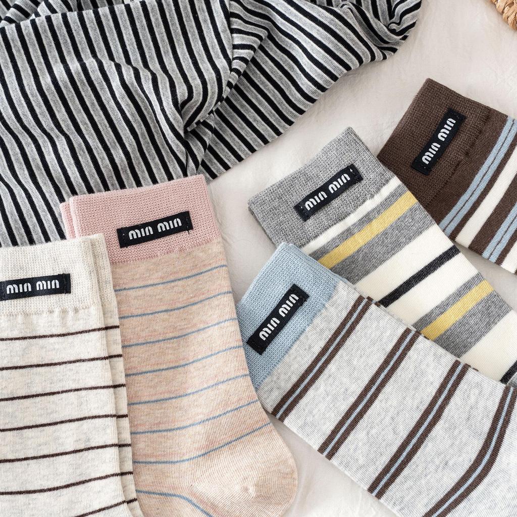 Damen Gestreifte Mid-Calf Socken - Frühling/Herbst Baumwolle, Miu Stil, Koreanisch & Japanisch Sport Kniehoch Trend