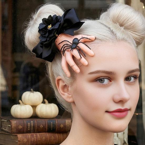 Halloween Hair Clip for Women, Girls, Realistic Severed Hand Hairpin with Creepy Hand-shaped Black Rose And Spider, Horror Accessory Party