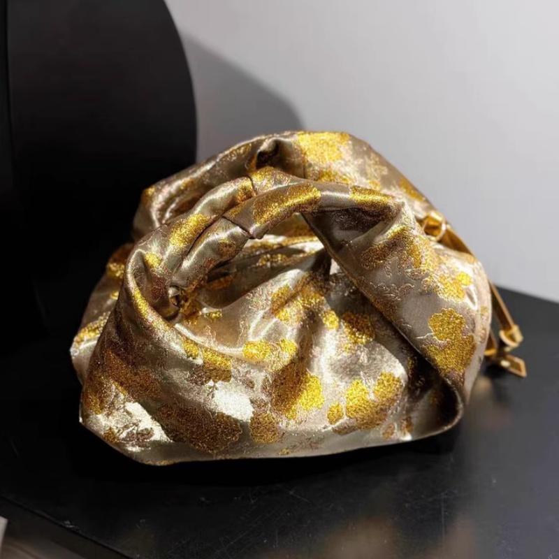 New Design Gold Patterned Women's Handbag Pleated Silk Cloud Bag Fashion Satins Dumpling Bag for Ladies