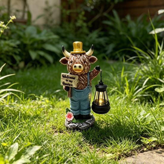 Statua da Giardino Mucca delle Highlands Solare, Statuetta Animale in Resina con Lanterna Solare, Ornamento Mucca Impermeabile da Esterno per Prato, Patio, Decorazioni da Giardino