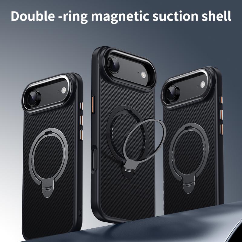 Carbon Fiber Rotating Stand Magnetic Magsafe Phone Case For iPhone 17 16 15 14 13 12 Pro Max 17Air 16E Metal Camera Frame Button