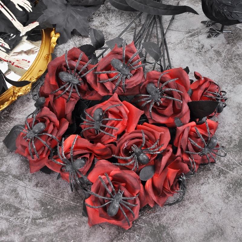 Silk Black Spiders Rose Bouquets Flexible Stalk Floral Arrangement Decoration For Halloween Weddings Event