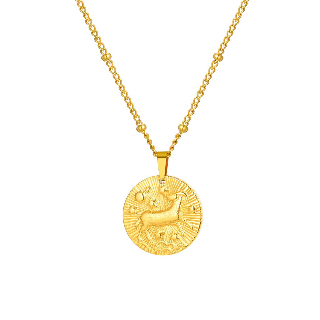 Stainless Steel Zodiac Constellation Necklace for Women, Amulet Round Coin Pendant Vintage Jewelry Birthday Gift